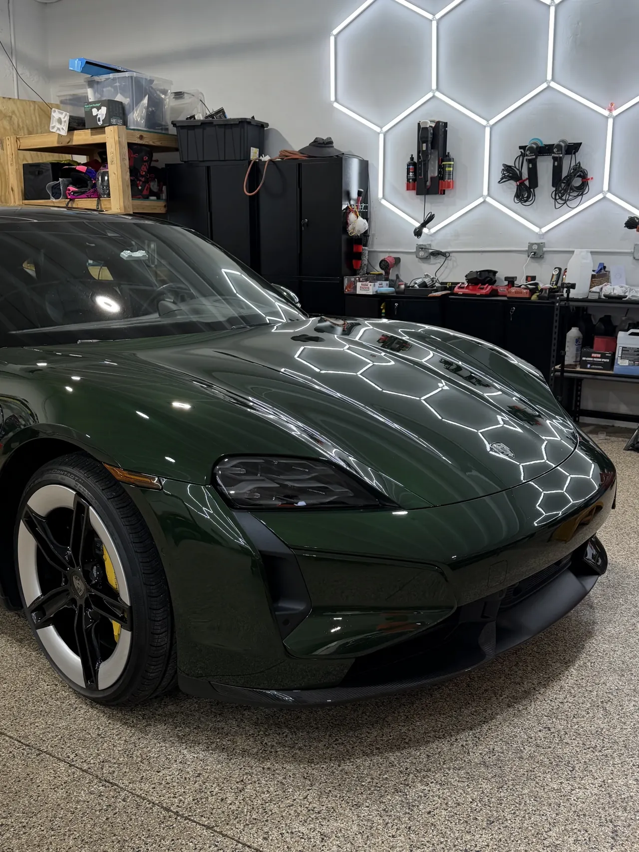 Green Porsche Taycan Turbo S after ceramic coating at SSF Detail Boca Raton